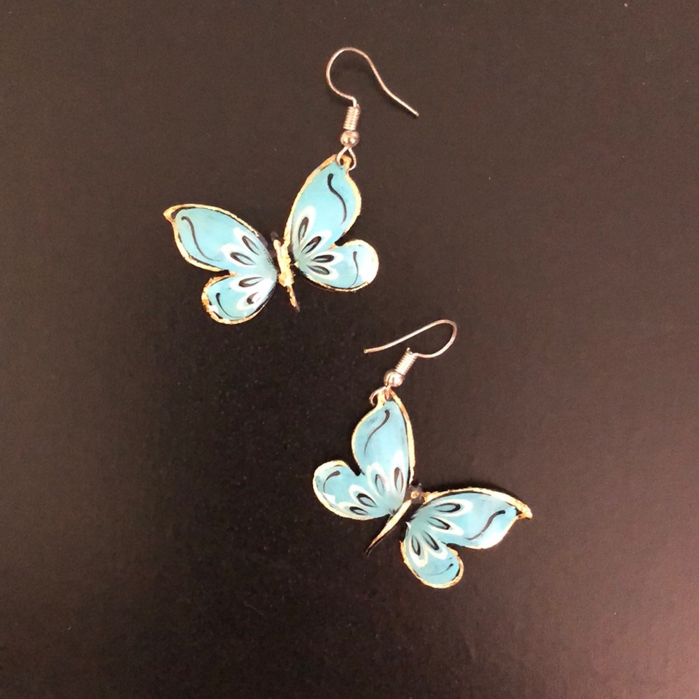 Blue and Copper Painted Butterfly Earrings